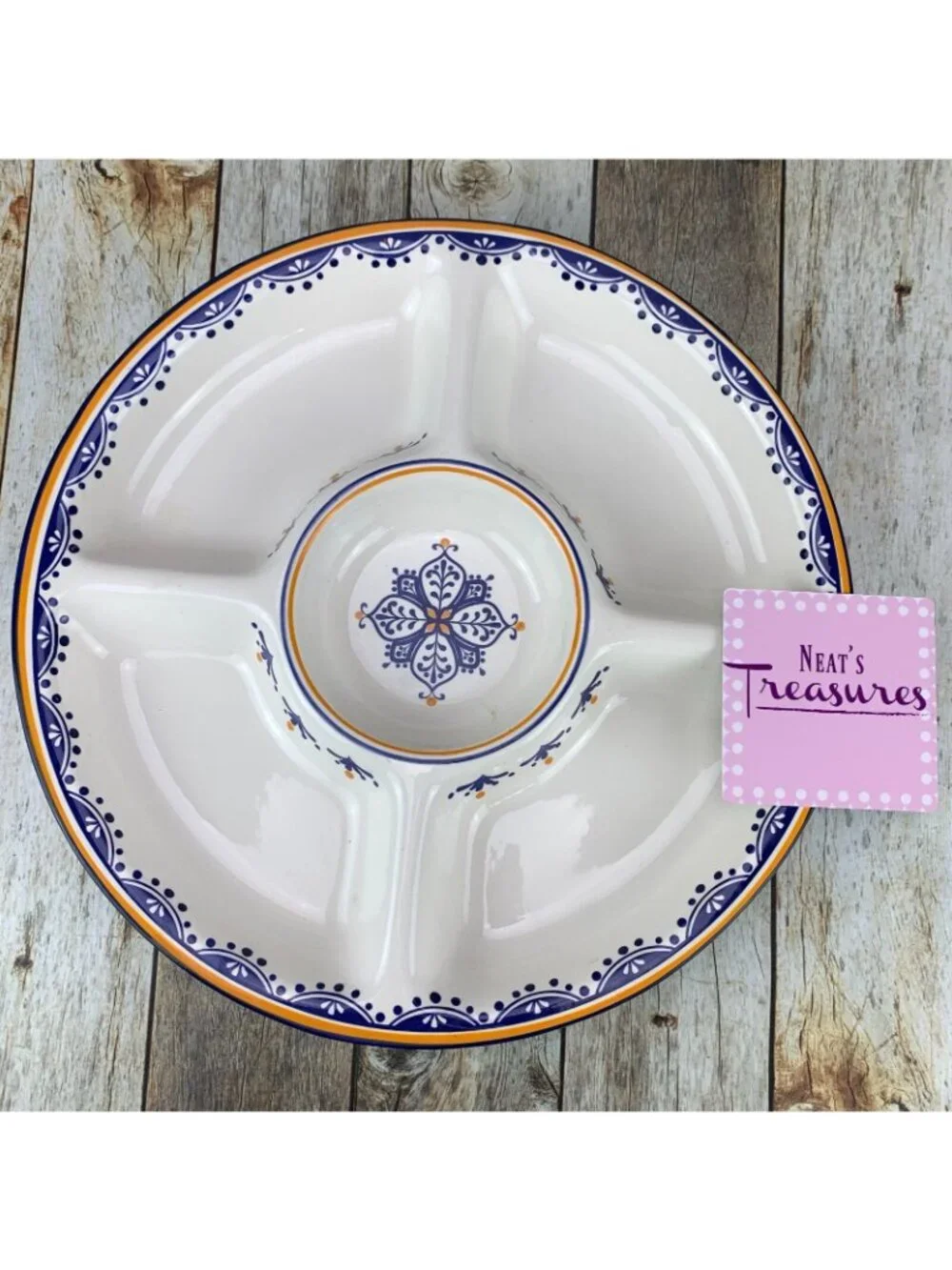 World Market  Stoneware Cream Gold Cobalt Blue Section Veggie Serving 16